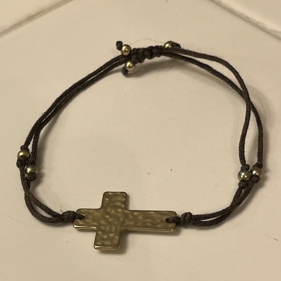 Gold and Brown Distressed Leather 'Blessed' and Cross Bracelets - Picture 7 of 9
